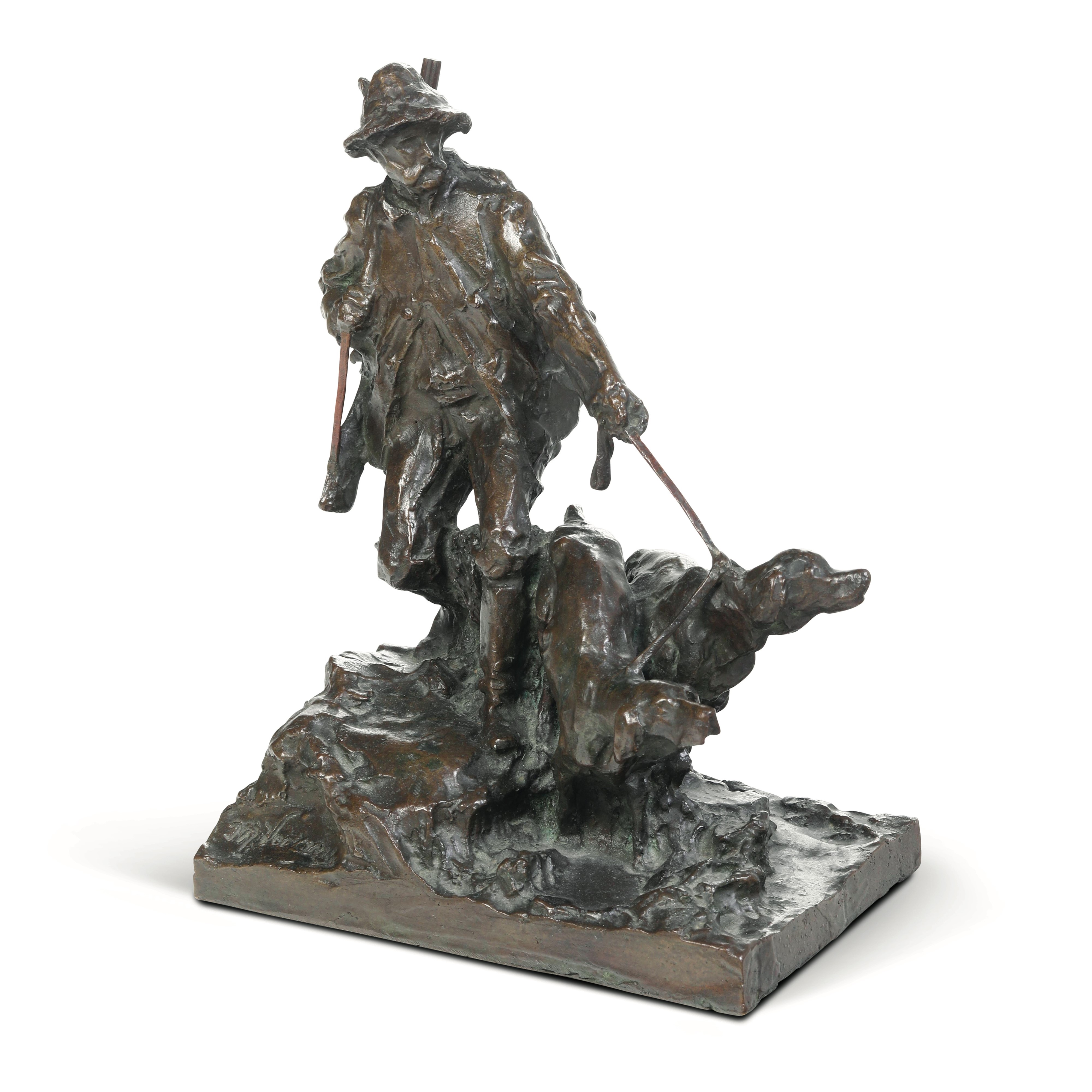 Michele Vedani - Cacciatore con cani, scultura in bronzo fuso e patinato