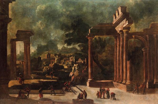 Scuola del XVII secolo Capriccio con porticato e figure