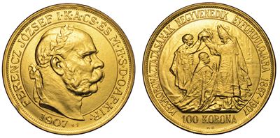 Ungheria. Franz Joseph, 1848-1916. 100 Korona 1907. per il 40° Anniversario Dell'incoronazione. R...