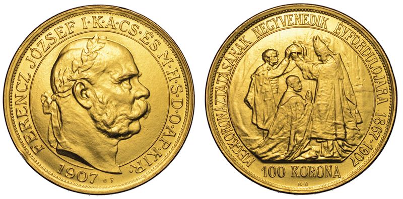 UNGHERIA. FRANZ JOSEPH, 1848-1916. 100 Korona 1907. Per il 40° Anniversario dell'incoronazione. Riconio.  - Asta Numismatica - I - Cambi Casa d'Aste