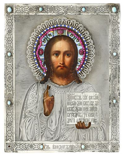 Icona con Riza in Argento Fuso, Sbalzato, Cesellato, Smalti Policromi, Granati, Ametiste e Turche...