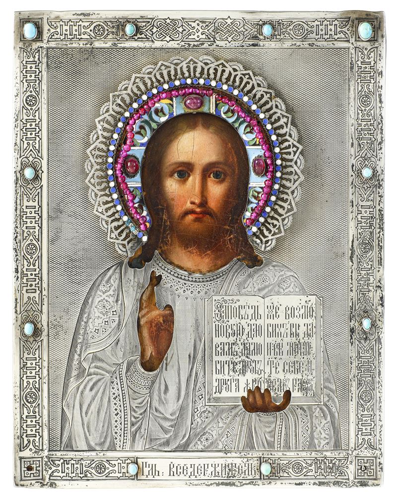 Icona con riza in argento fuso, sbalzato, cesellato, smalti policromi, granati, ametiste e turchesi. San Pietroburgo 1883, marchi dell'assaggiatore e argentiere (non identificati) Cristo Pantocratore  - Asta Fine Art Selection - Cambi Casa d'Aste