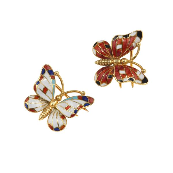 Two enamel and gold "butterfly" brooches. One signed Bulgari