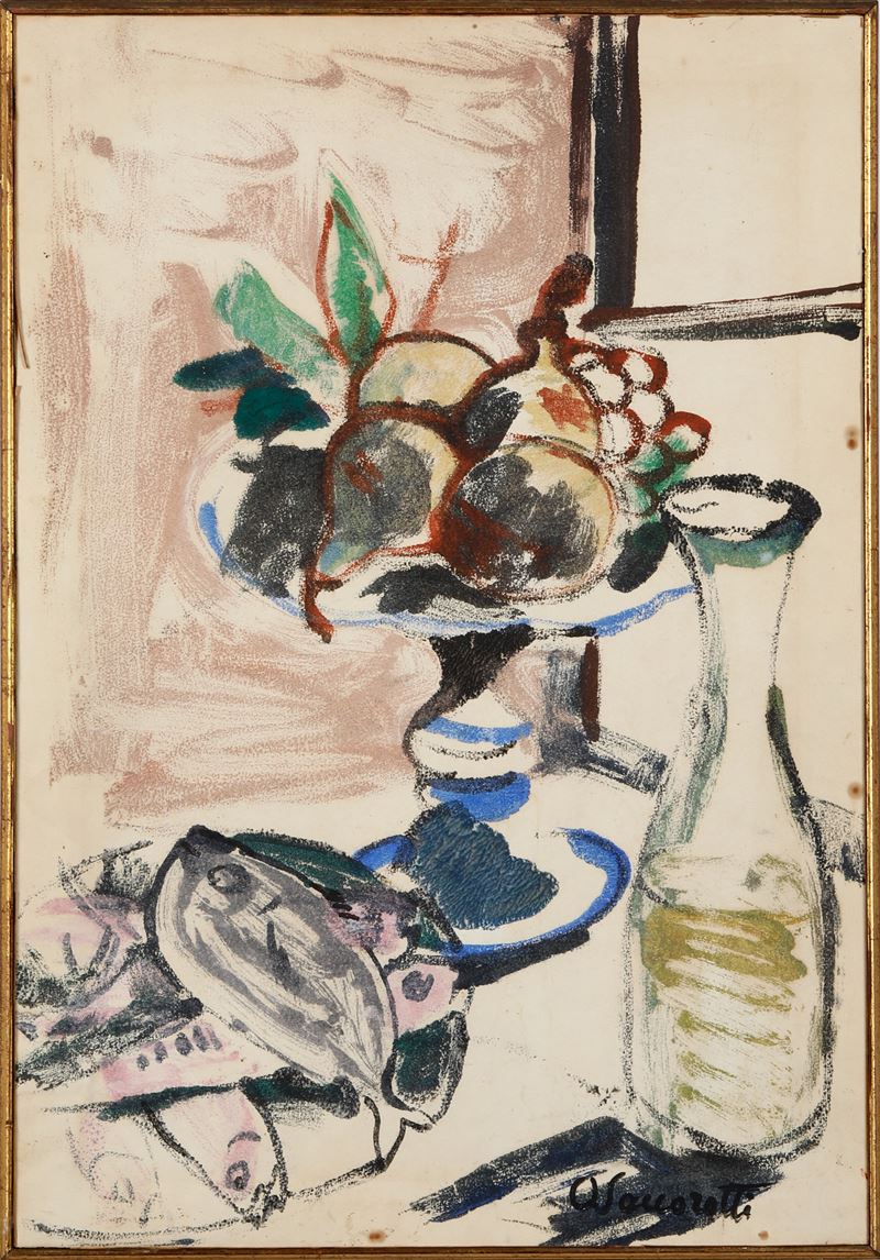 Oscar Saccorotti : Natura morta con frutta e pesci  - bozzetto ad olio su carta - Auction Paintings from the 19th-20th centuries - Cambi Casa d'Aste