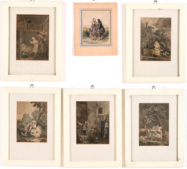 Serie di cinque stampe a tema amoroso del XVIII secolo
