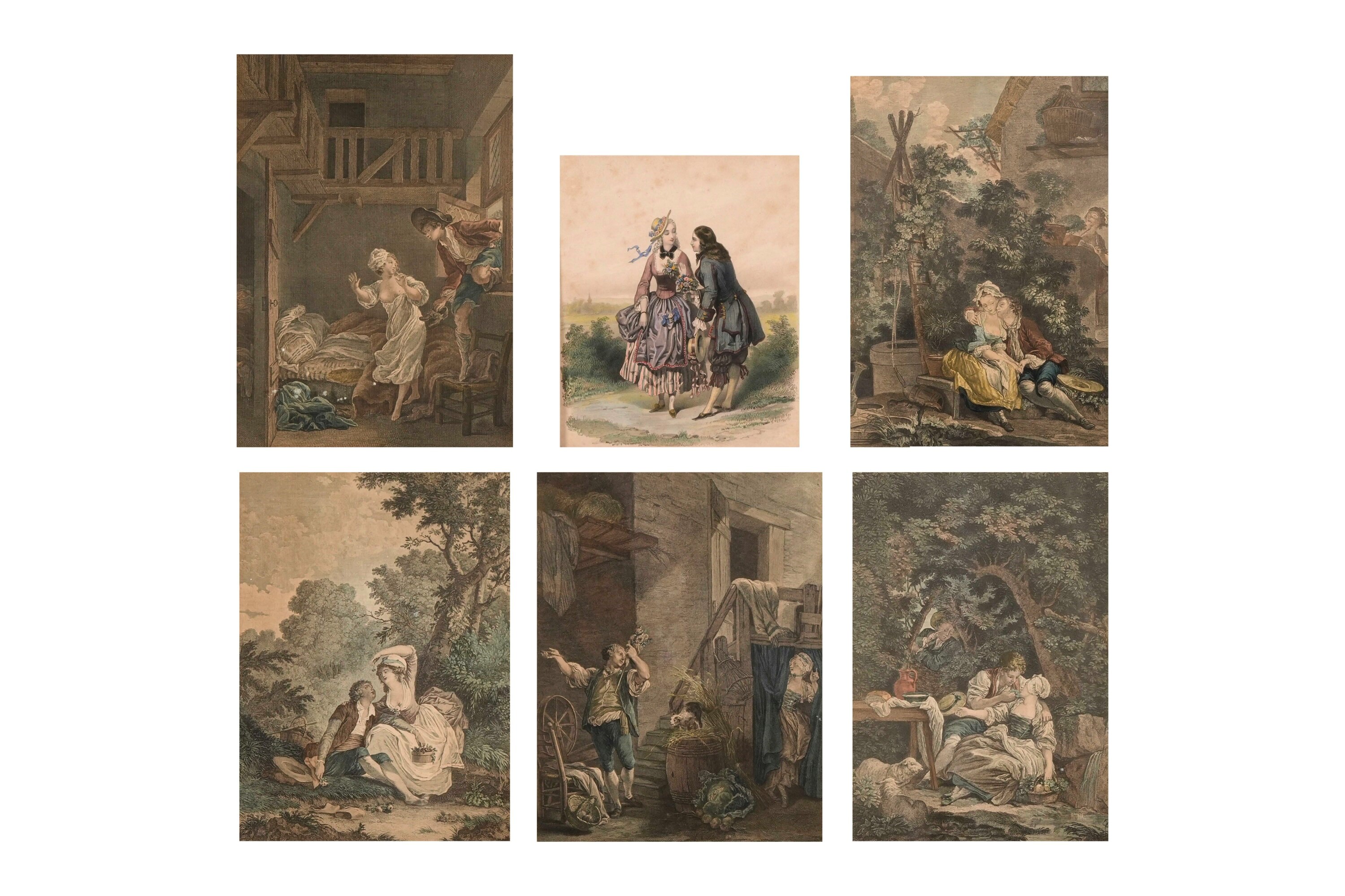 Serie di cinque incisioni su rame a tema amoroso, colorate ad acquerello (XVIII secolo)