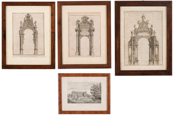 Lapoer (XVIII secolo) su disegno di Antonio Quadrio Collezione di tre stampe di archi trionfali eretti a Milano in onore del Cardinal Giuseppe Pozzombelli