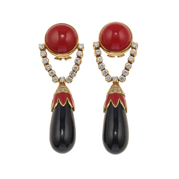 Pair of coral, onyx, enamel, diamond and gold earrings. Signed S. Nardi