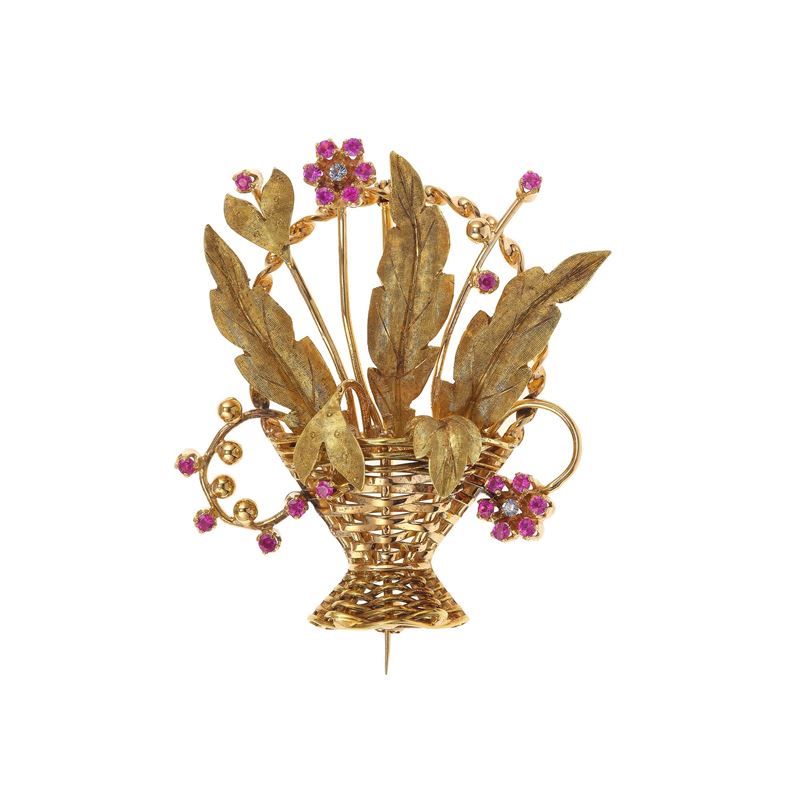 Synthetic ruby and gold brooch  - Auction Fine Jewellery - Cambi Casa d'Aste