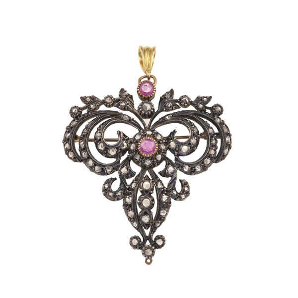 Rose-cut diamond, ruby, silver and gold pendant brooch