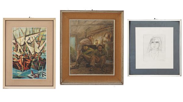 Lotto di due quadri ed una serigrafia di Cassinari