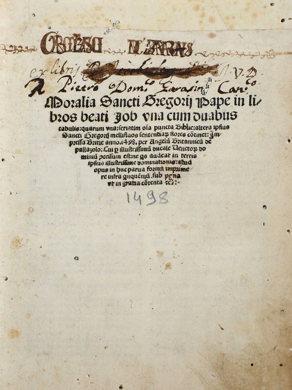 San Gregorio I Papa (540 circa–604) Moralia sive Expositio in Job Brescia, Angelus Britannicus, 2 giugno 1498