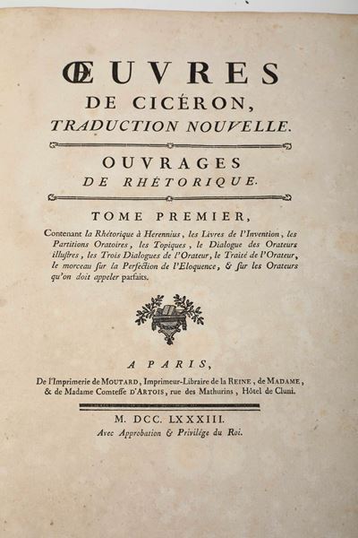 Cicerone Marco Tullio (106-43 a.C.) Oeuvres De Cicéron Tradution Nouvelle...a Paris, Moutarde, 17...
