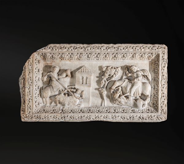 Importante bassorilievo medievale raffigurante episodi tratti dalle storie del Patriarca biblico Giuseppe e dei Santi guerrieri. Arte romanica dell'Italia meridionale, Campania (?), XII-XIII secolo