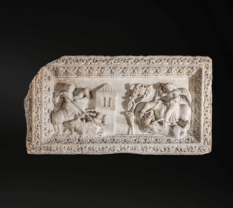 Importante bassorilievo medievale raffigurante episodi tratti dalle storie del Patriarca biblico Giuseppe e dei Santi guerrieri. Arte romanica dell'Italia meridionale, Campania (?), XII-XIII secolo  - Asta Fine Art Selection - Cambi Casa d'Aste