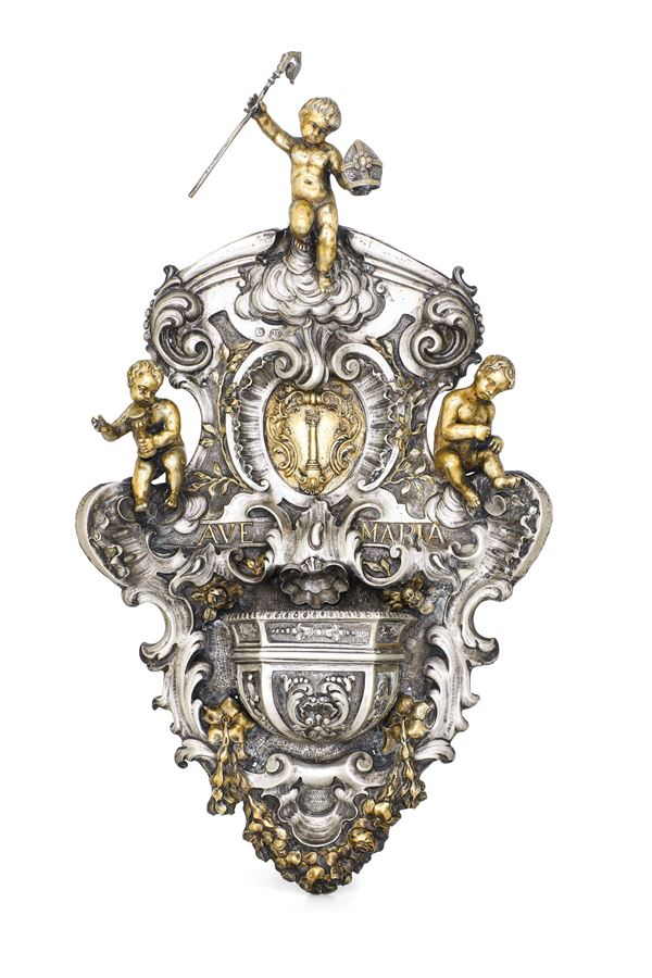 Acquasantiera. Fonditore italiano nello stile barocco, XX secolo. Marchi ad imitazione dell'argenteria antica veneziana