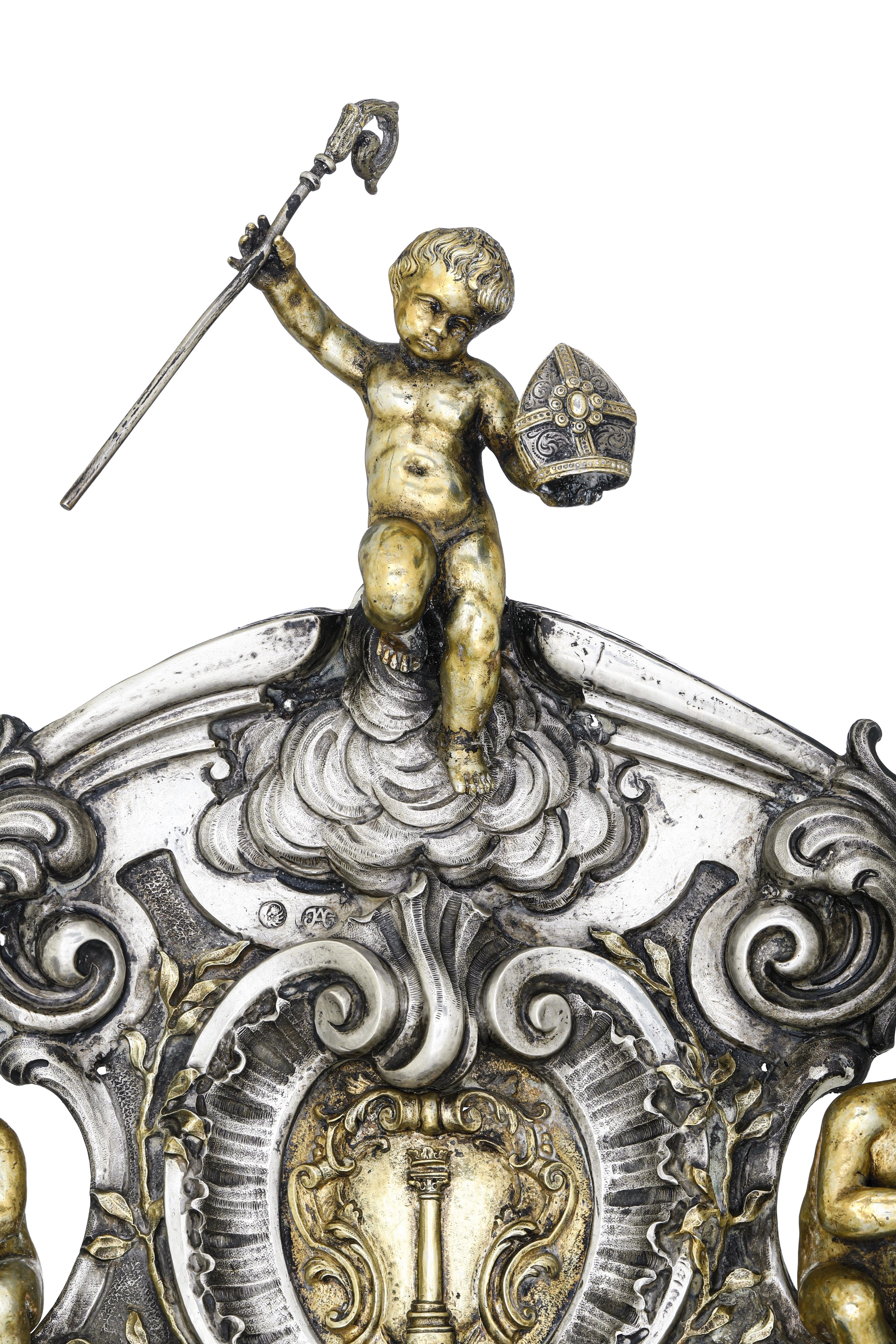 Fonditore italiano (stile barocco), Acquasantiera in rame fuso, sbalzato, argentato e dorato, XX ...