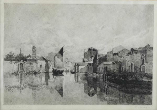 Incisione raffigurante paesaggio fluviale, XX secolo