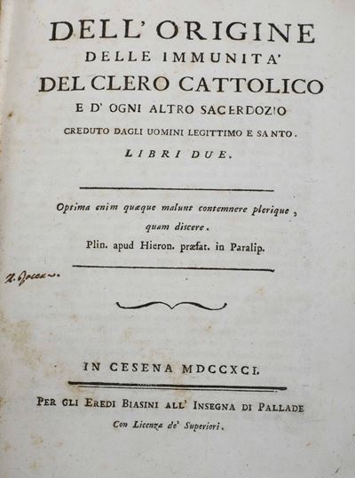 (hinojosa Gonzalo Adorno) Dell’origine delle Immunità del Clero Cattolico e D’ogni Sacerdozio Cre...