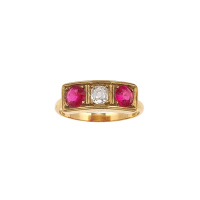 Anello con Diamante di Vecchio Taglio e Rubini Sintetici
