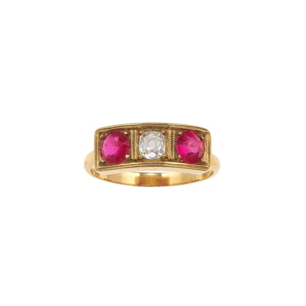 Old-cut diamond, synthetic ruby and gold ring