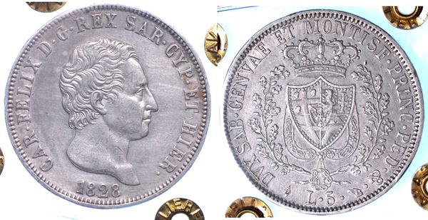 REGNO DI SARDEGNA. CARLO FELICE DI SAVOIA, 1821-1831. 5 Lire 1828. Torino.