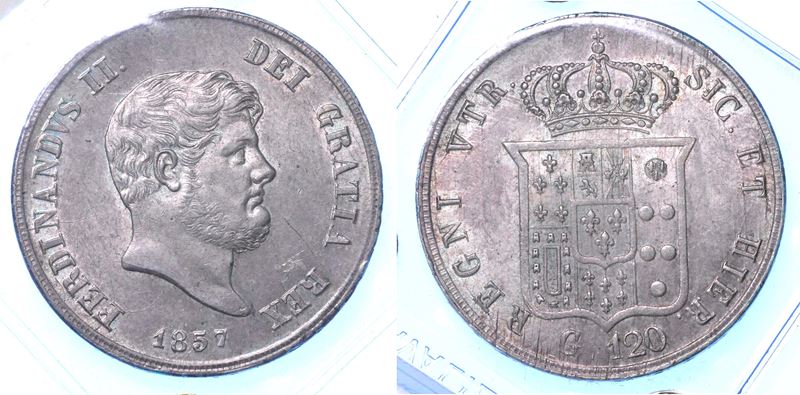 NAPOLI. FERDINANDO II DI BORBONE, 1830-1859. Piastra da 120 Grana 1857.  - Asta Numismatica - I - Cambi Casa d'Aste
