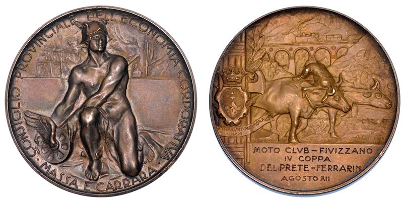 MASSA E CARRARA. MOTOCLUB FIVIZZANO. Medaglia in bronzo agosto A. XII. IV Coppa Del Prete - Ferrarin.  - Auction Numismatics - Medals and popes - II - Cambi Casa d'Aste
