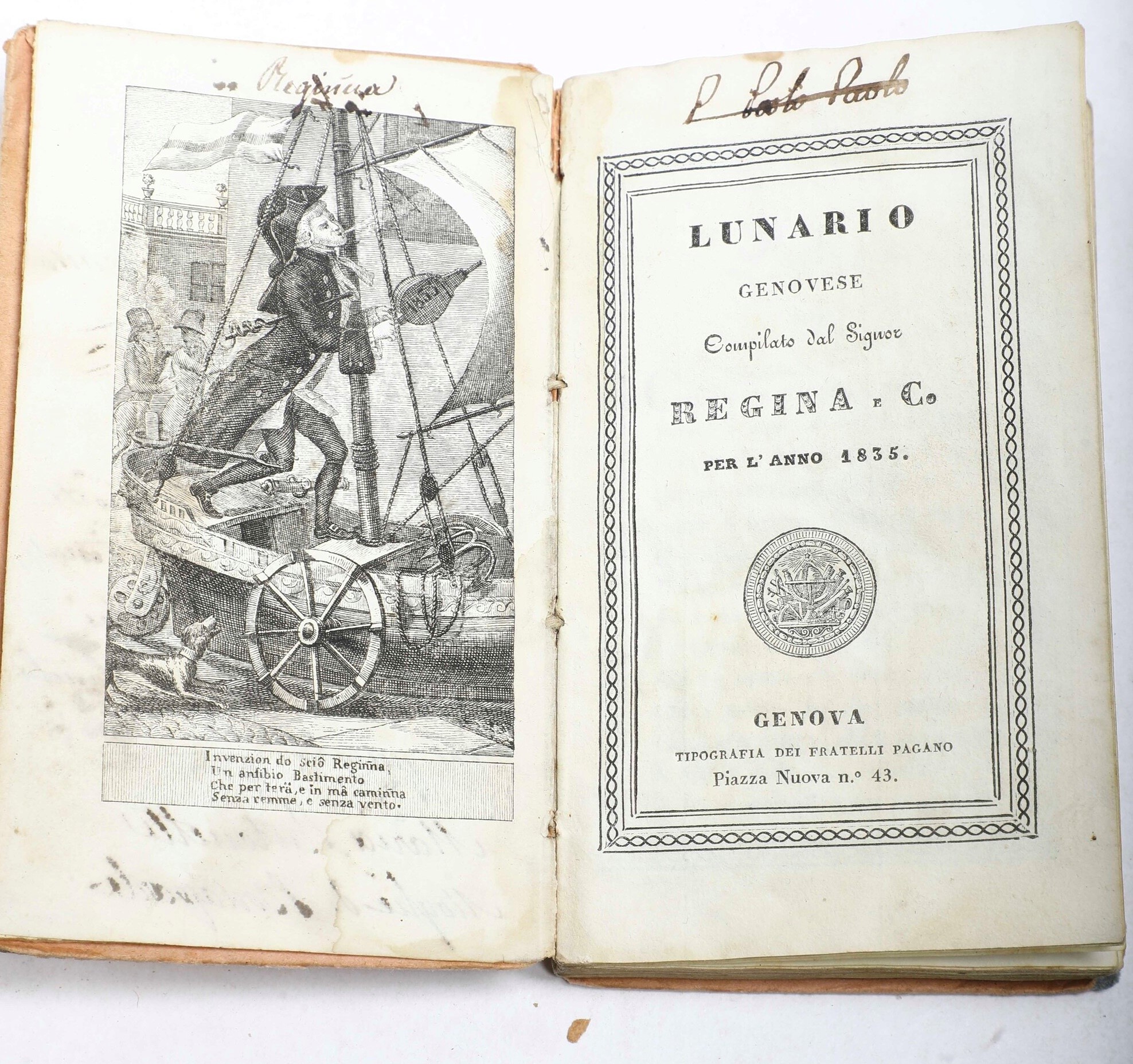 Lu Sciù Regina Lunario Genovese..genova, Tipografia dei Fratelli Pagano, 1830-1844