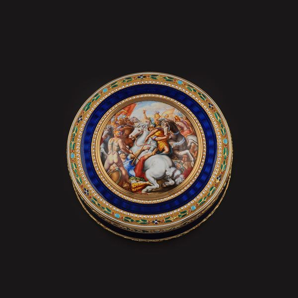 Scatola in oro, guilloché, attribuibile a Jean-Joseph Barrière (documentato fra il 1763 e il 1793), con miniatura in smalti policromi firmata Robert Vauquer (1625 - 1670)