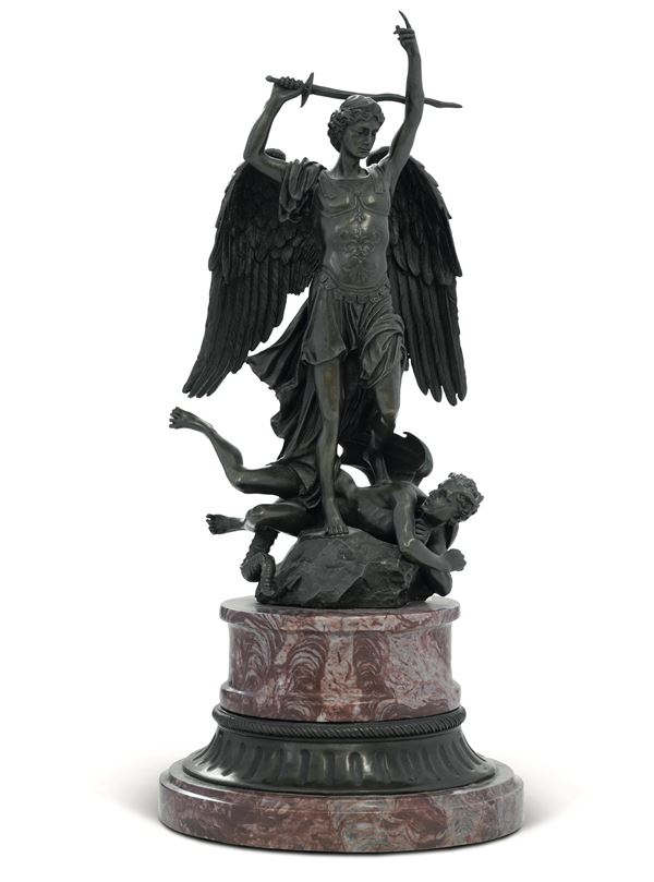 Fonditore francese del XIX-XX secolo Arcangelo San Michele sconfigge Lucifero