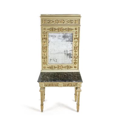 Consolle con Specchiera in Legno Intagliato. XIX Secolo