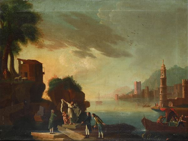 Scuola del XVIII secolo Veduta costiera con personaggi