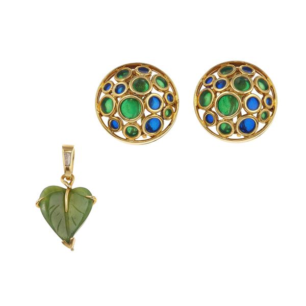 Group of enamel, diamond, nephrite and gold jewels. The pendant is signed Cirio