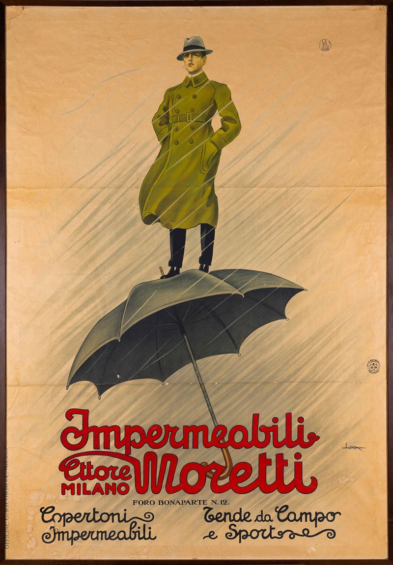 Leopoldo Metlicovitz : Impermeabili Moretti - Copertoni Impermeabili, Tende da campo e Sport  - Asta Manifesti e Collectible - Cambi Casa d'Aste