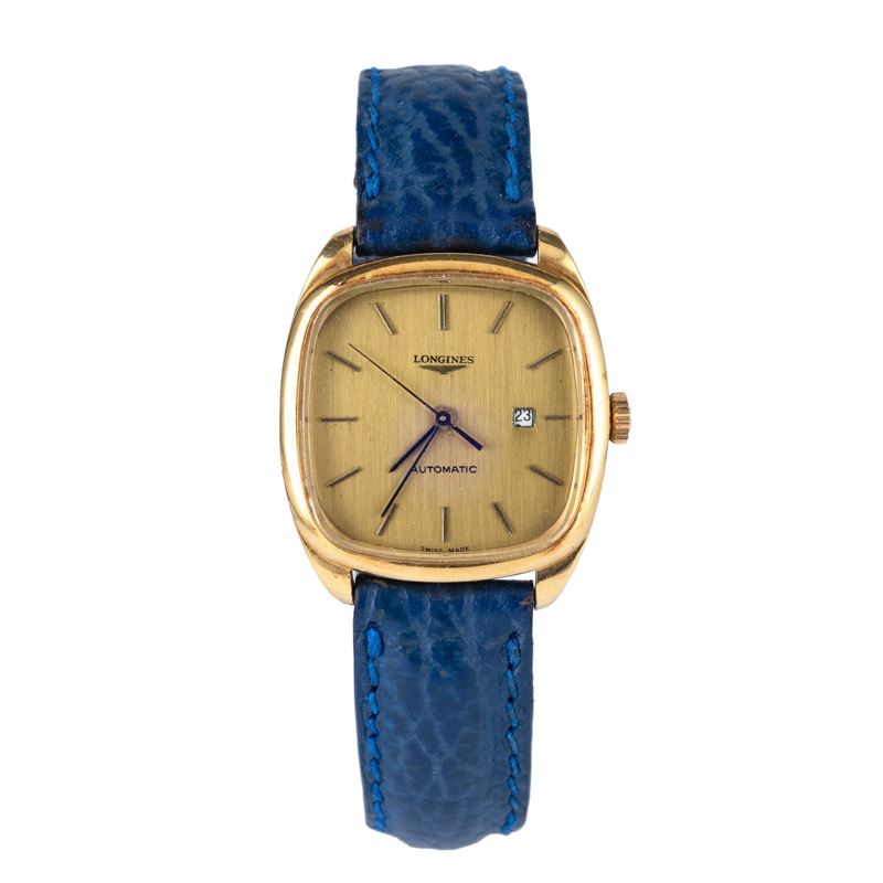 Longines : Carrè in oro giallo 18k, quadrante champagne con indici applicati e datario al tre, carica automatica, 28 mm  - Asta Orologi da Polso - Cambi Casa d'Aste