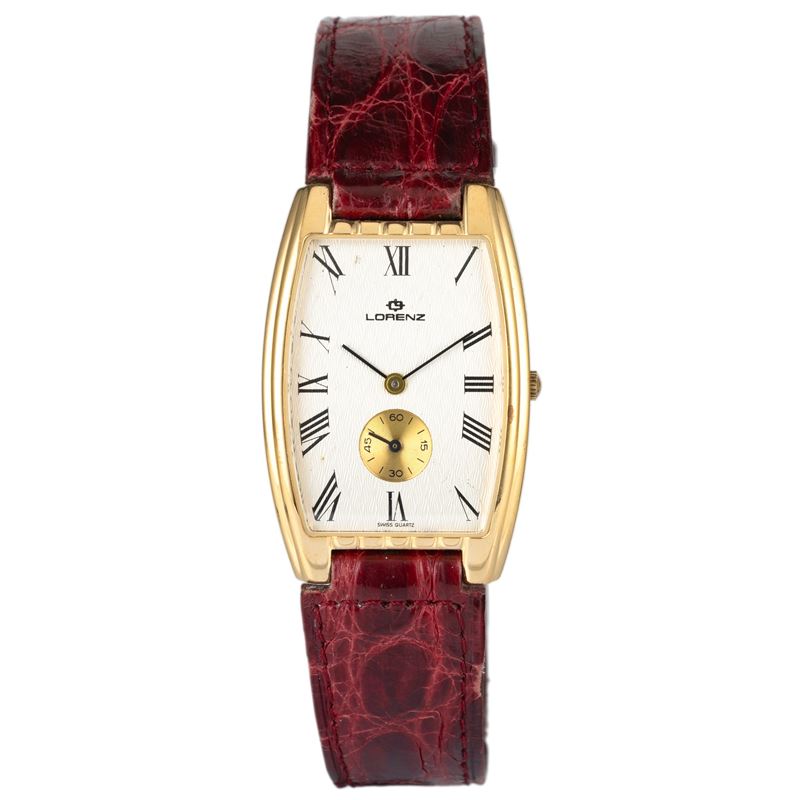 LORENZ : Tonneau in acciaio laminato, quadrante argentè lavorato con piccoli secondi al sei, movimento al quarzo, 33x27 mm   - Auction Orologi da polso - Cambi Casa d'Aste