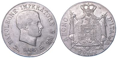 Bologna. Napoleone I, 1805-1814. 5 Lire 1809 (i Tipo, Puntali Aguzzi).