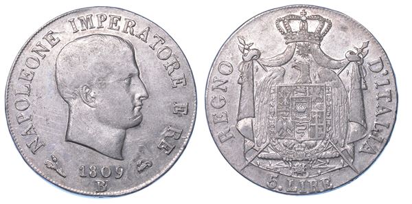 BOLOGNA. NAPOLEONE I, 1805-1814. 5 Lire 1809 (I Tipo, puntali aguzzi).