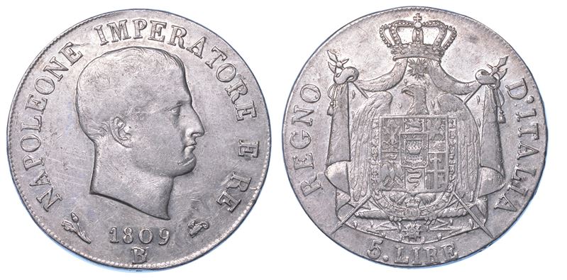 BOLOGNA. NAPOLEONE I, 1805-1814. 5 Lire 1809 (I Tipo, puntali aguzzi).  - Asta Numismatica - I - Cambi Casa d'Aste