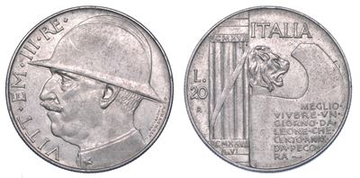Regno D’italia. Vittorio Emanuele III di Savoia, 1900-1946. 20 Lire 1928/a. Vi. Elmetto.