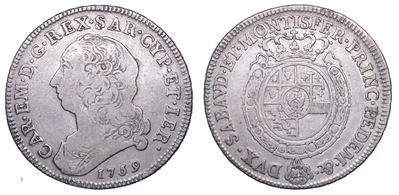 Regno di Sardegna. Carlo Emanuele III di Savoia, 1755-1773 (II Periodo). Mezzo Scudo Nuovo 1759.