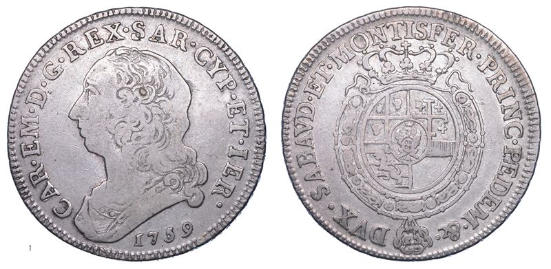 REGNO DI SARDEGNA. CARLO EMANUELE III DI SAVOIA, 1755-1773 (II periodo). Mezzo scudo nuovo 1759.  - Asta Numismatica - I - Cambi Casa d'Aste