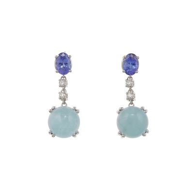Orecchini Pendenti con Acquamarina Taglio Cabochon, Tanzaniti e Diamanti