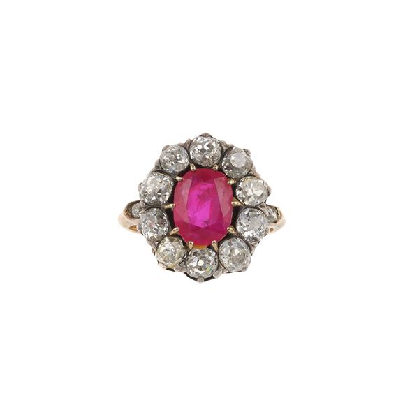 Burma ruby and diamond cluster ring