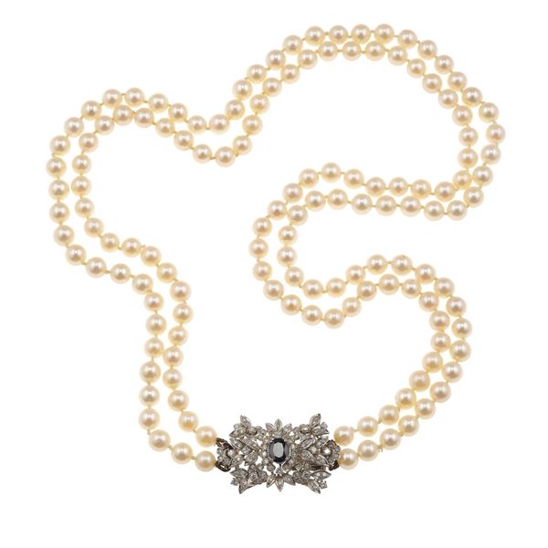 Cultured pearl, sapphire, diamond and gold necklace