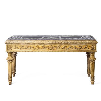 Tavolo neoclassico, fascia intarsiata in marmo bianco su fondo nero