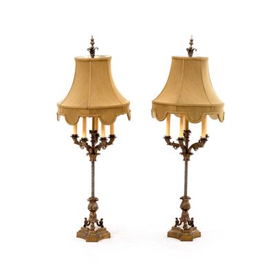 Coppia di candelabri in bronzo dorato e cristallo, XIX secolo