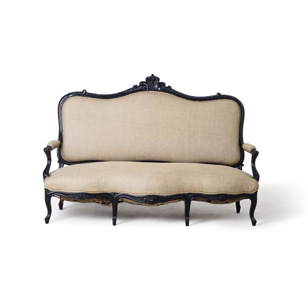 Divano in legno intagliato e laccato nero in stile Luigi Filippo