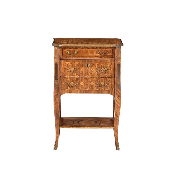 Comodino lastronato ed intarsiato. Francia XIX secolo